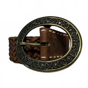 Women's Brighton Brown Braided Leather Belt Decorative Oval Buckle ML 32